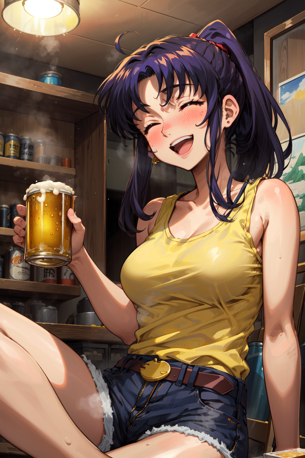 00539-2868828498-masterpiece,best quality,1girl,mature female,katsuragi misato,closed eyes,ponytail,yellow t-shirt,tank top,denim shorts,belt,sit.png